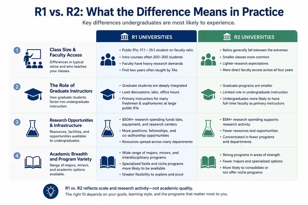 Infographic regarding  R1 vs. R2 university comparison